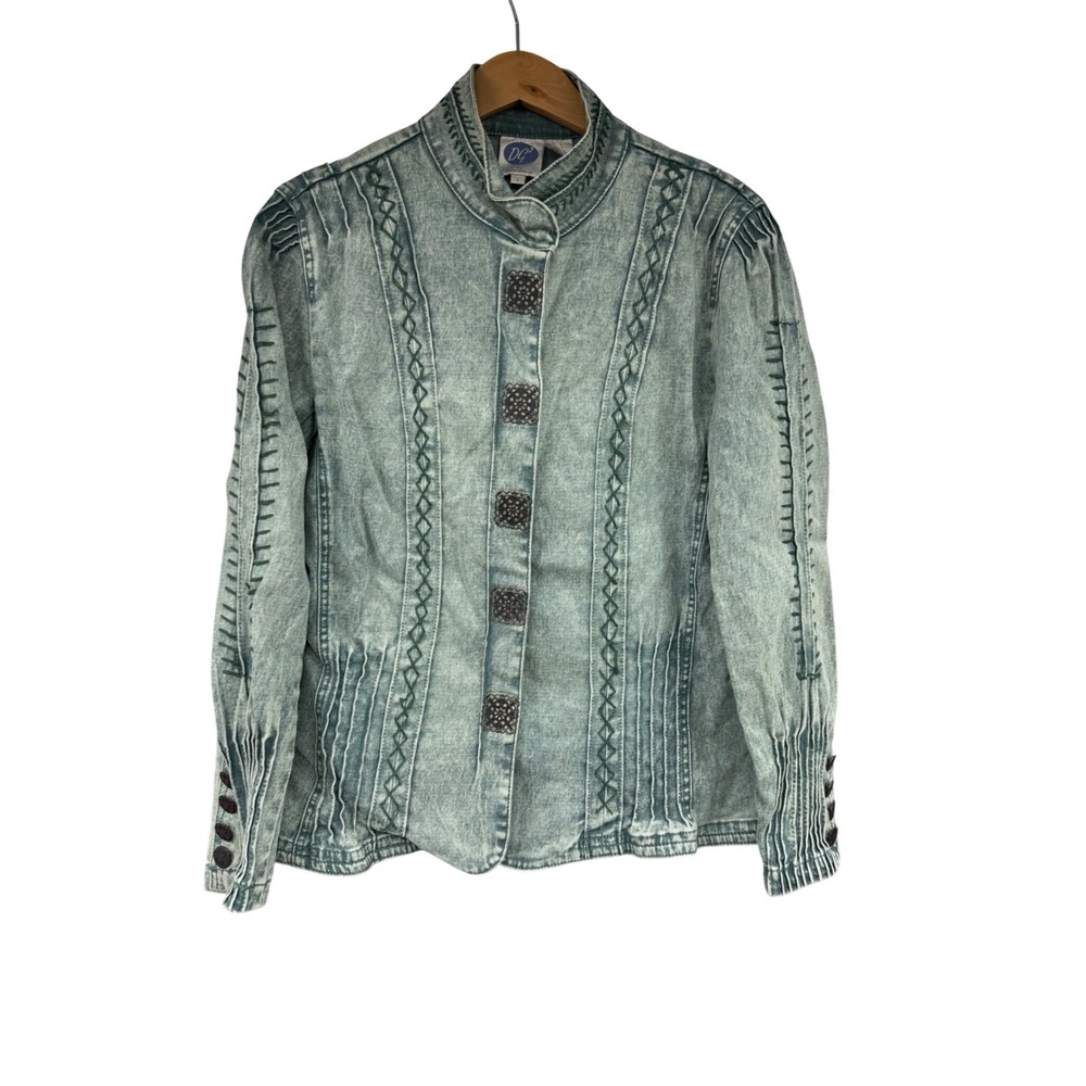 DG2 Diane Gilman Womens Acid Wash Denim Military Jacket Blue Embroidered Large